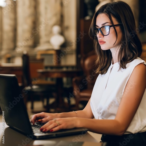 Woman Works on Laptop in Library at Night With Warm Lighting and Elegant Decor