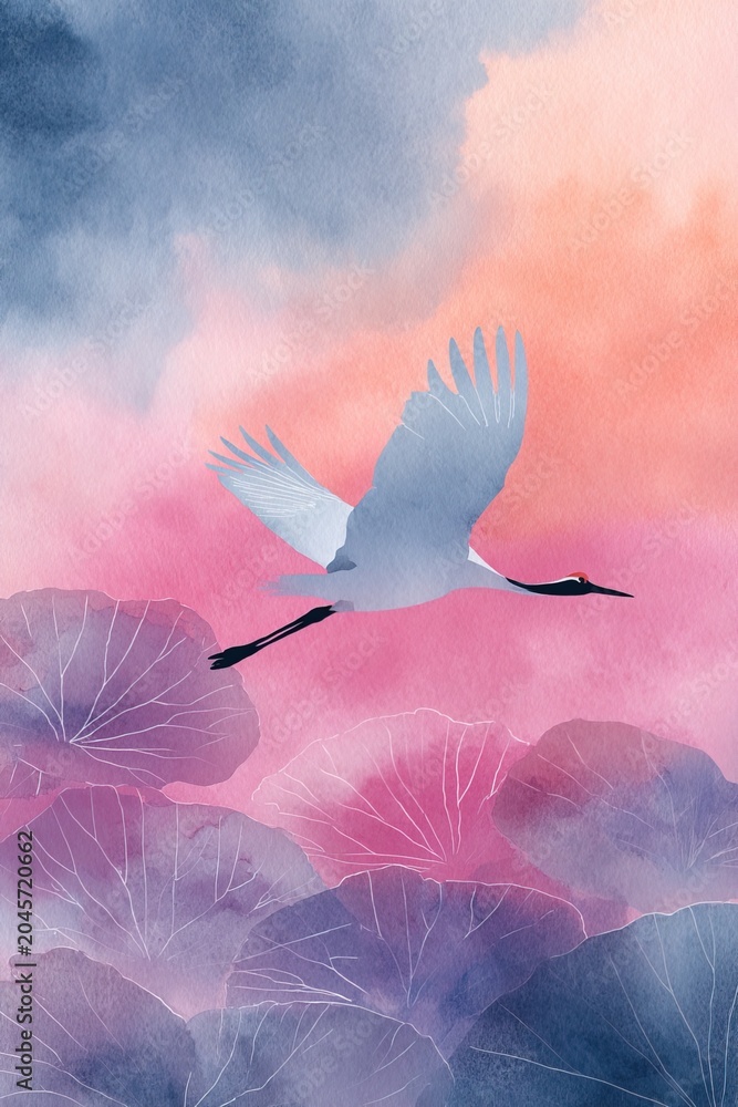 Fototapeta premium Elegant watercolor vertical illustration crane soaring over tranquil lotus flowers illuminated by warm colors of sunrise. Ideal for stationery, invitations, cultural designs, meditation themes