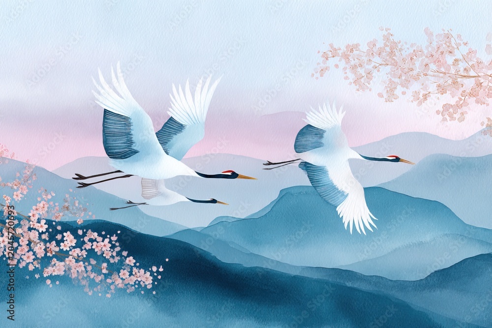 Fototapeta premium Soft watercolor postcard flying cranes, distant mountains, blooming sakura flowers in tranquil landscape. spring designs, decorative prints, cultural backgrounds, mindfulness concepts