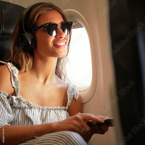 Woman With Headphones Sitting by Window on Airplane During Flight