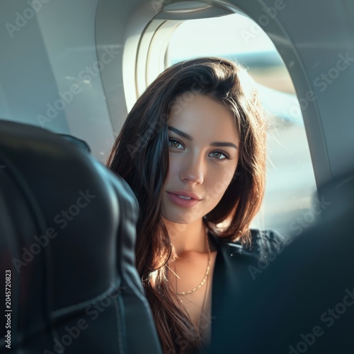 Woman Sits by the Window on a Flight as Sunlight Illuminates Her in the Cabin