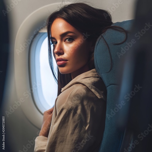 Woman Looks out of Airplane Window During Flight in Warm Light