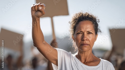 Middle-aged woman raises fist and holds protest sign during rally with supporters around her