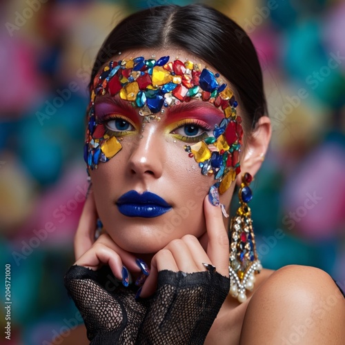 Colorful Face Art and Accessories Displayed by a Model in a Studio Setting