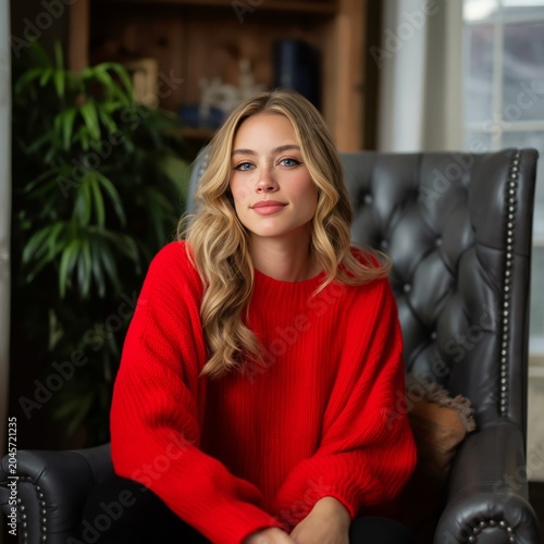 Woman Sitting in a Chair Wearing a Red Sweater With Green Plants in the Backg...