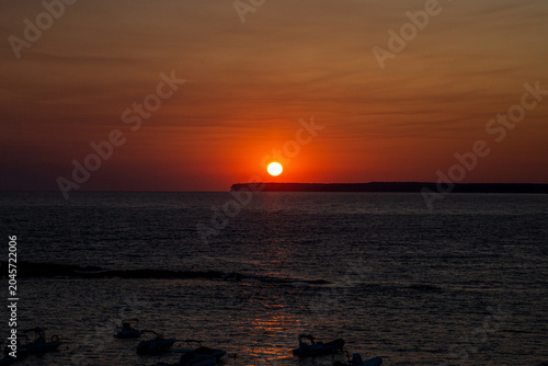 Beautiful sunset over Mediterranean Sea in Es Trenc Beach in Mallorca, Baleares, Spain	
