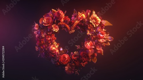 Romantic Floral Heart Wreath: Vivid Red Roses and Blooms on Dark Background