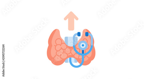 Thyroid health checkup concept, illustration of a thyroid gland with a stethoscope and an upward arrow.