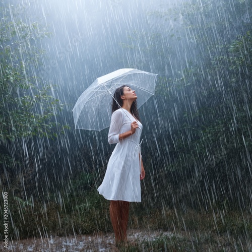 Woman Stands in Heavy Rain Holding Clear Umbrella in Forest Area During Daytime