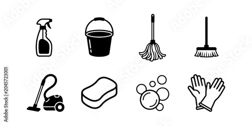 Fotografie Cleaning tools displayed on a white background
