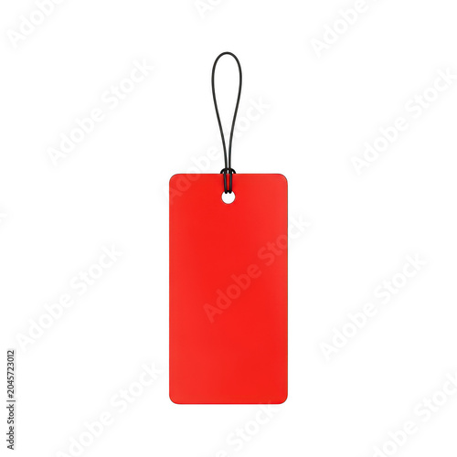 Blank rectangular red price tag with a thin black string loop for retail product labeling and sales promotions in a store or boutique environment isolated on a transparent background