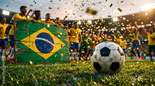 Soccer ball on stadium grass close-up with Brazilian football players celebrating victory with falling golden confetti behind a rustic wooden Brazil flag board.