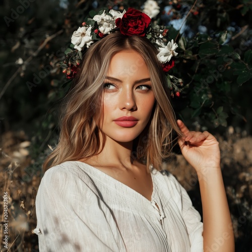 Woman With Flower Crown Enjoying Nature on a Sunny Day in a Field