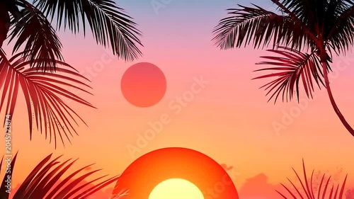 Tropical sunset with palm tree silhouettes and pink clouds, perfect for travel brochures, vacation websites, and tropicalthemed designs.