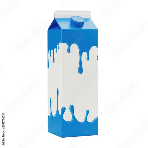 Blue and white milk carton packaging with creative liquid splash for dairy products and healthy beverage branding on white background isolated on a transparent background