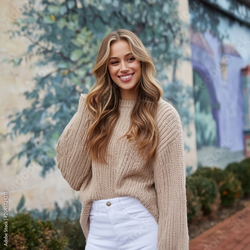 Young Woman Smiles While Standing in Front of Colorful Mural in Outdoor Setti...