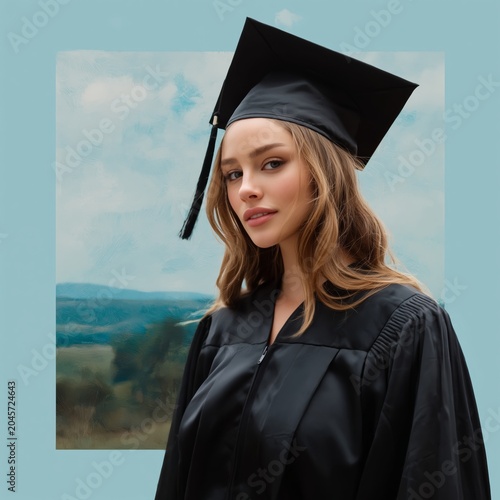 Young Woman in Graduation Gown With Cap Standing in Nature During Daylight
