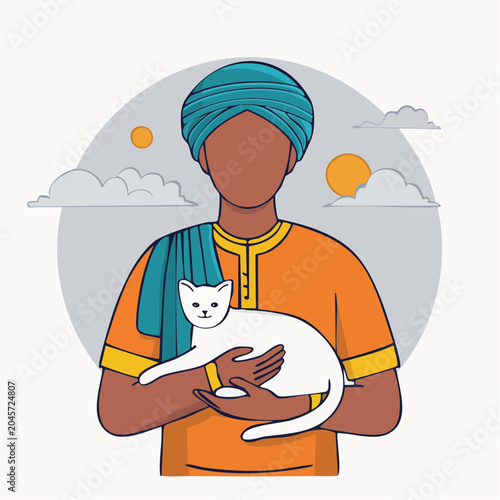 Person in traditional attire holding a white cat