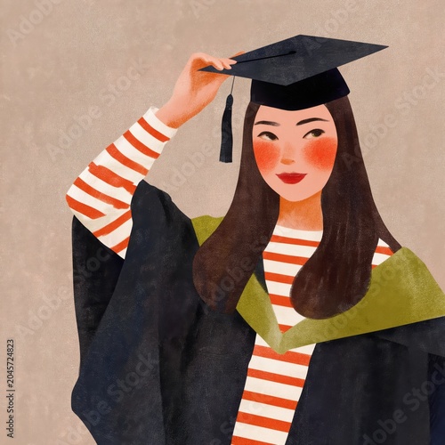 Young Woman With a Graduation Cap and Gown Stands Against a Plain Background