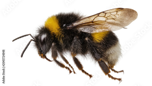 Tableau sur toile Fuzzy bumblebee with yellow and black stripes and translucent wings