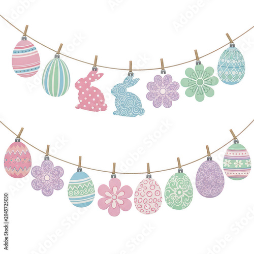 Decorative easter garland with colorful paper eggs and bunny cutouts hanging on a string for spring holiday home decoration and party themes isolated on a transparent background
