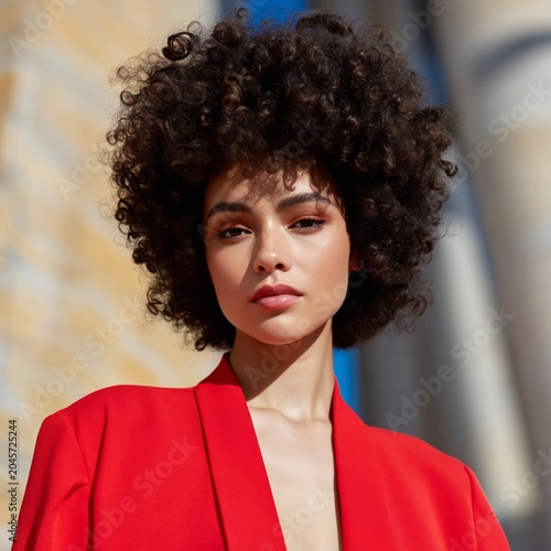 Young Woman Poses Outdoors in Bright Red Outfit With Curly Hair on Sunny Day