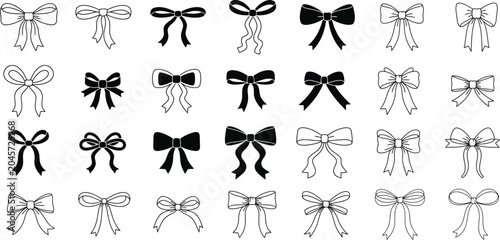 Cute Bow Tie Ribbon Icon Set with Minimalist Hand Drawn Black and White Vector Illustrations