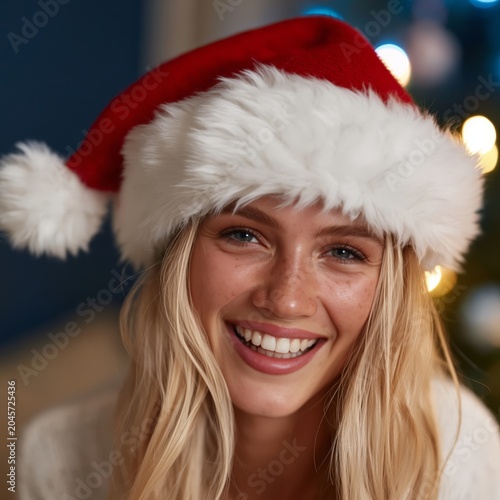 Woman Wearing a Christmas Hat Smiles in a Festive Indoor Setting During Holid...