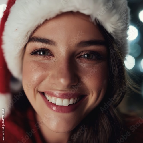 Woman Smiling in a Red Christmas Hat With Lights in the Background During Hol...