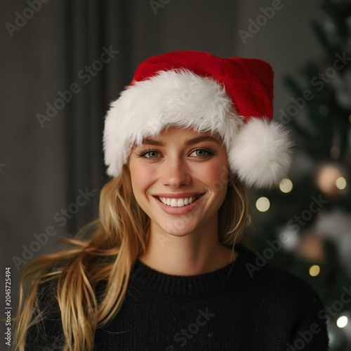 Woman Smiling in a Red Christmas Hat With Lights in the Background During Hol...