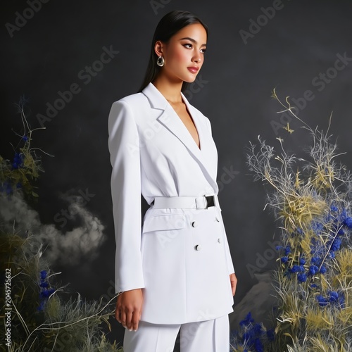 Model Poses in a White Suit Against a Dark Background With Plants