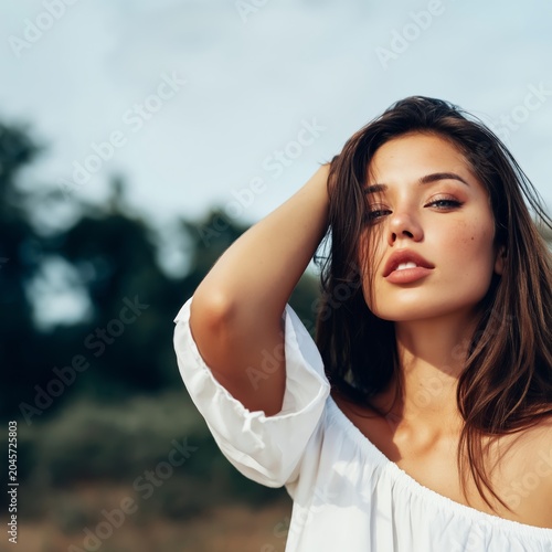 Model Poses in a Field With Trees During a Sunny Day Holding Her Hair Back