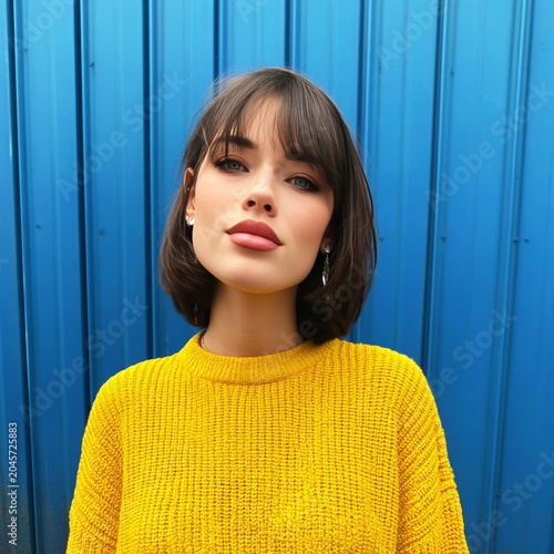 Young Woman Poses in Yellow Sweater in Front of Blue Wall During Daylight