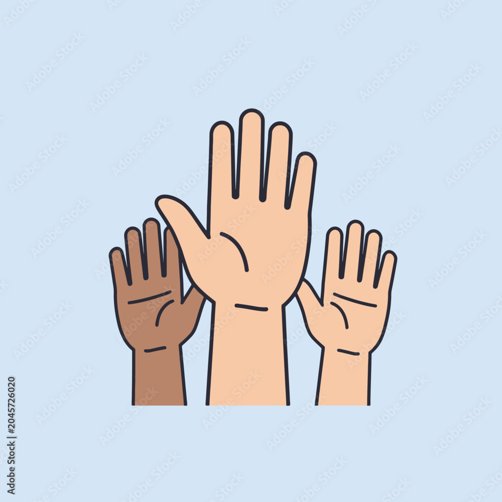 Fototapeta premium Three hands of different skin tones are raised in a gesture of unity