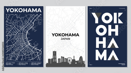 Yokohama City Map Poster - Blue and White Minimalist Skyline and Harbor Illustration for Modern Home or Office Decor