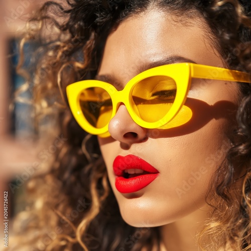 Woman Wearing Yellow Sunglasses and Bright Red Lipstick Outdoors During Sunny...