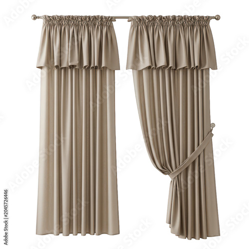 Beige window curtains with gathered valance and tie-back, neutral home textile decor for classic interior and window treatments isolated on a transparent background