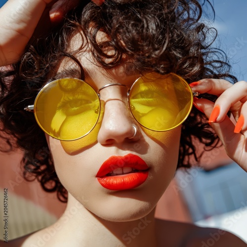 Woman Wearing Yellow Sunglasses and Bright Red Lipstick Outdoors During Sunny...