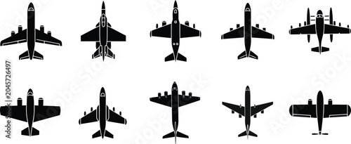 Airplane Silhouette Icon Set with Minimalist Black Jet Fighter and Commercial Aircraft Vector Shapes