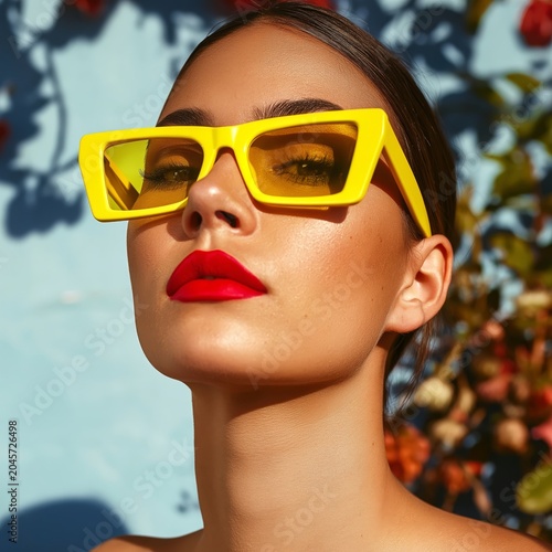 Woman Poses in Yellow Sunglasses With Red Lipstick Near Colorful Foliage in W...