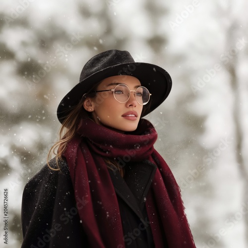 Young Woman Stands Outdoors in Winter Wearing Glasses, Hat, and Scarf in a Sn...