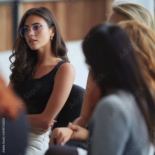 Group Discussion in Modern Office Space With Focus on One Woman Wearing Glasses