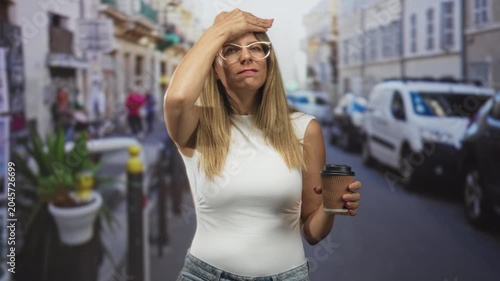 Woman holding coffee cup with hand on forehead on a busy city street, white sleeveless top; fatigue discomfort.