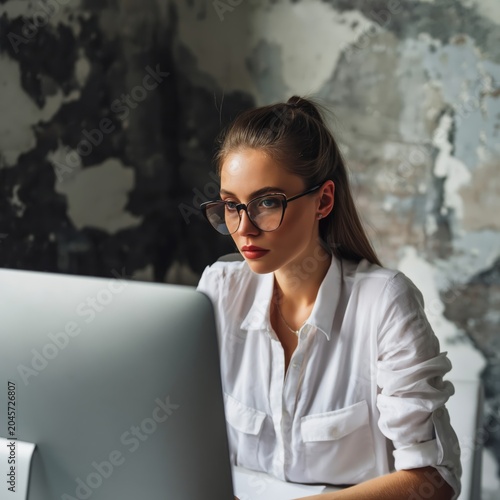 Young Woman Looks at Computer Screen While Working at Night in Dimly Lit Room...