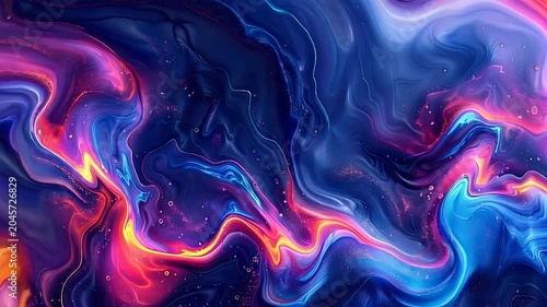 Abstract liquid paint swirls in vibrant blue, purple, and magenta tones with glowing light waves. Ideal for backgrounds, design projects, and artistic concepts.