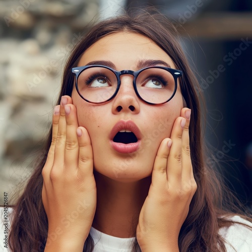 Surprised Young Woman With Glasses Has Open Mouth in Indoor Setting During Da...