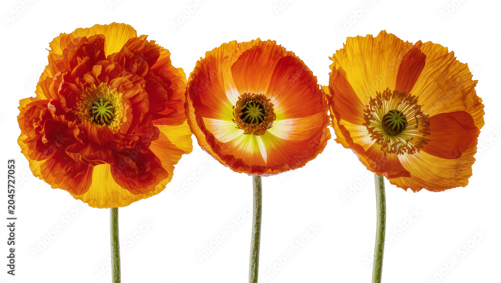 Fototapeta premium Three orange and yellow poppies with delicate petals and dark centers