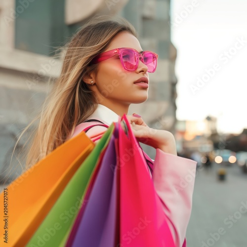 Woman Carries Colorful Shopping Bags While Walking in the City During Evening