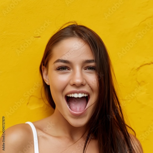 Woman Smiling in Front of a Bright Yellow Wall During the Day in a City