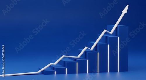Growing business graph, blue 3D bar chart, increasing statistics, financial success